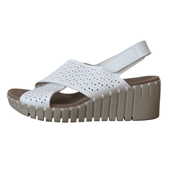Skechers Pier Ave Wedge Sandals 9 White Strappy Perforated Luxe Foam Comfort - Picture 4 of 11